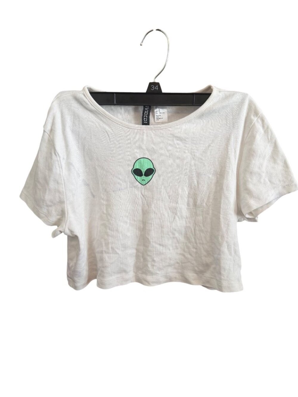 DIVIDED By H&M Womens White Alien Print Crop Top Size L 100% Cotton Short Sleeve